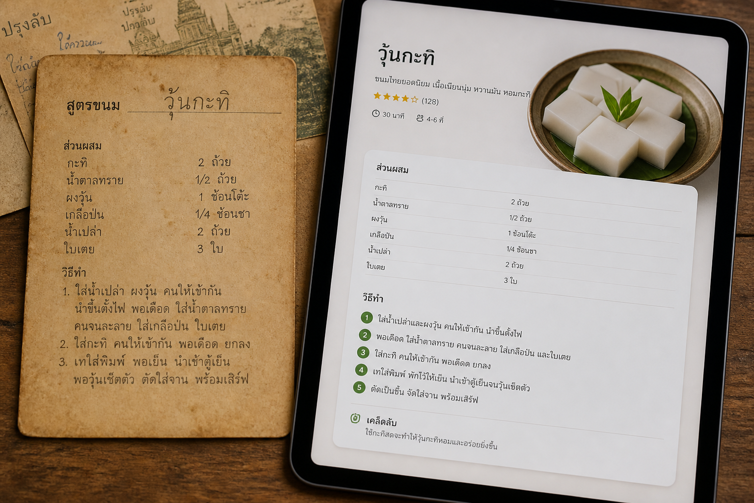 A vintage Thai recipe postcard beside a modern tablet displaying the same recipe