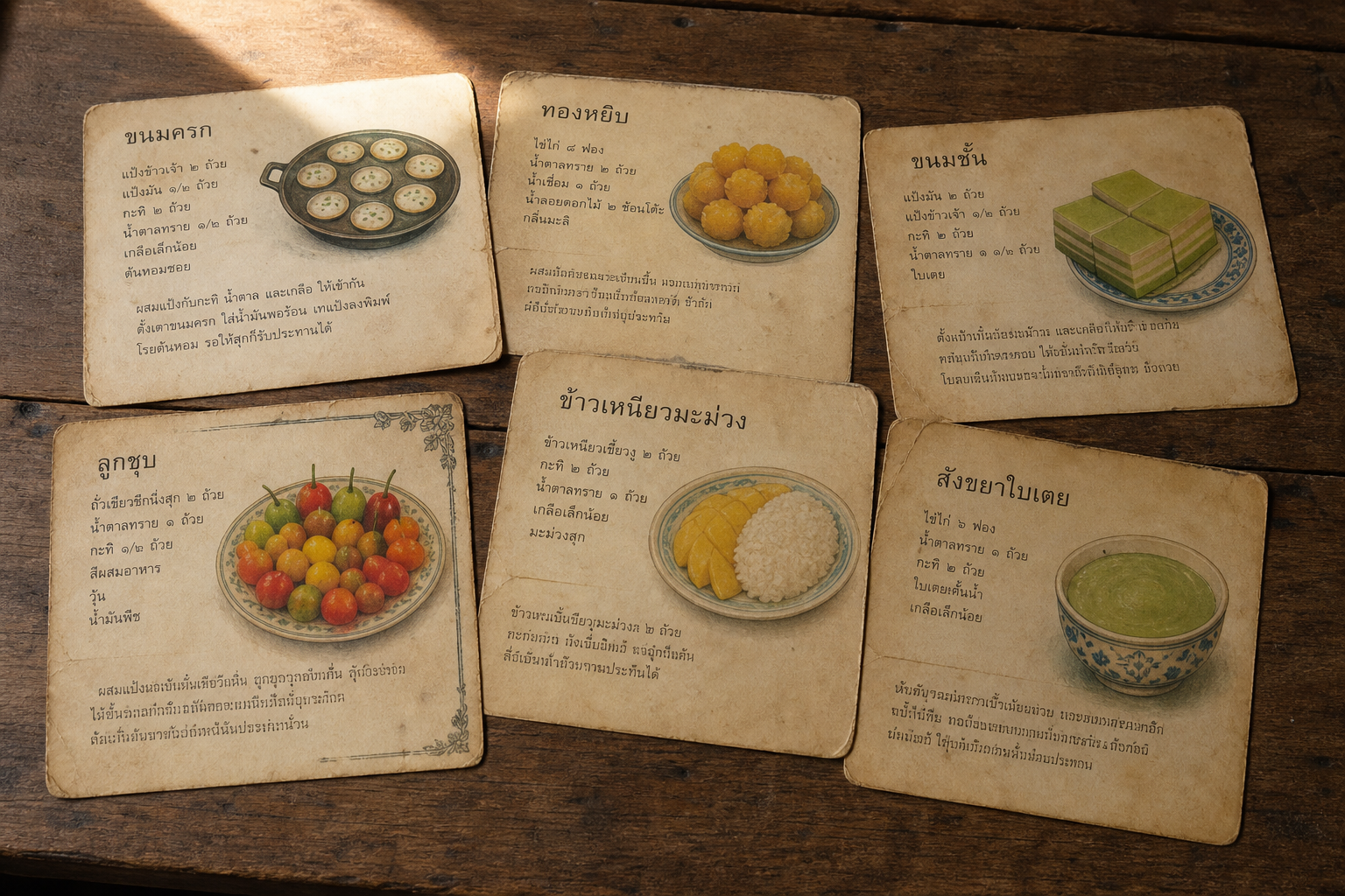 A collection of vintage Thai dessert recipe postcards arranged on an old wooden table