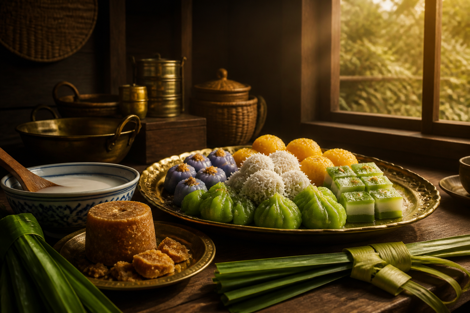 A quiet traditional Thai kitchen with Thai desserts, coconut milk, pandan leaves and traditional utensils